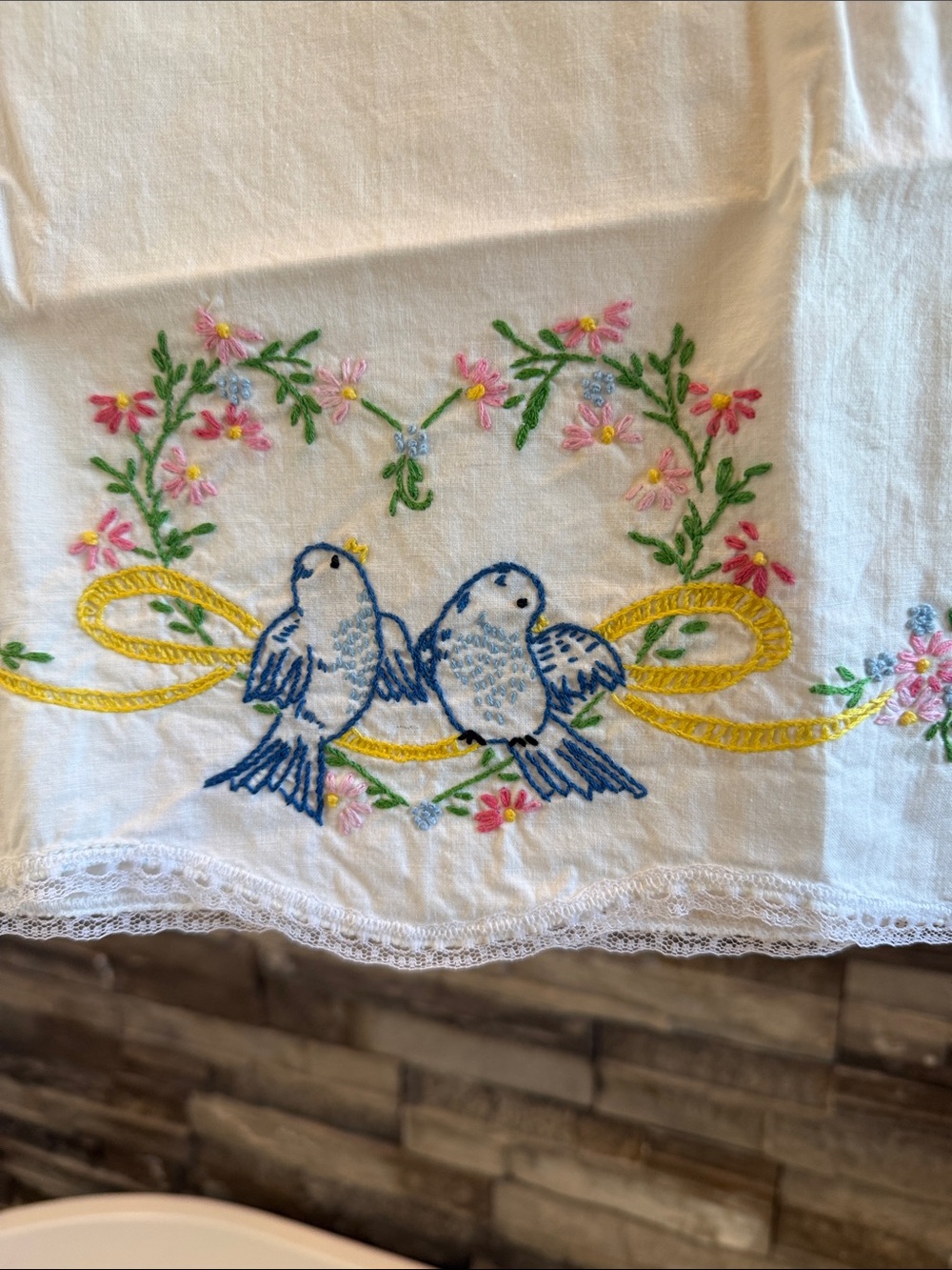 Hand-Embroidered White Cotton pillow case with Blue Bird Motif, 2 pillow cases, - Picture 2 of 4